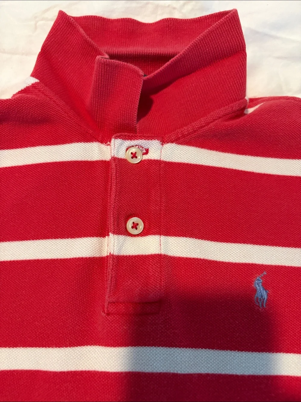 Ralph Lauren Boys’ Coral Red and White Striped Polo Shirt w Blue Horse Size 7